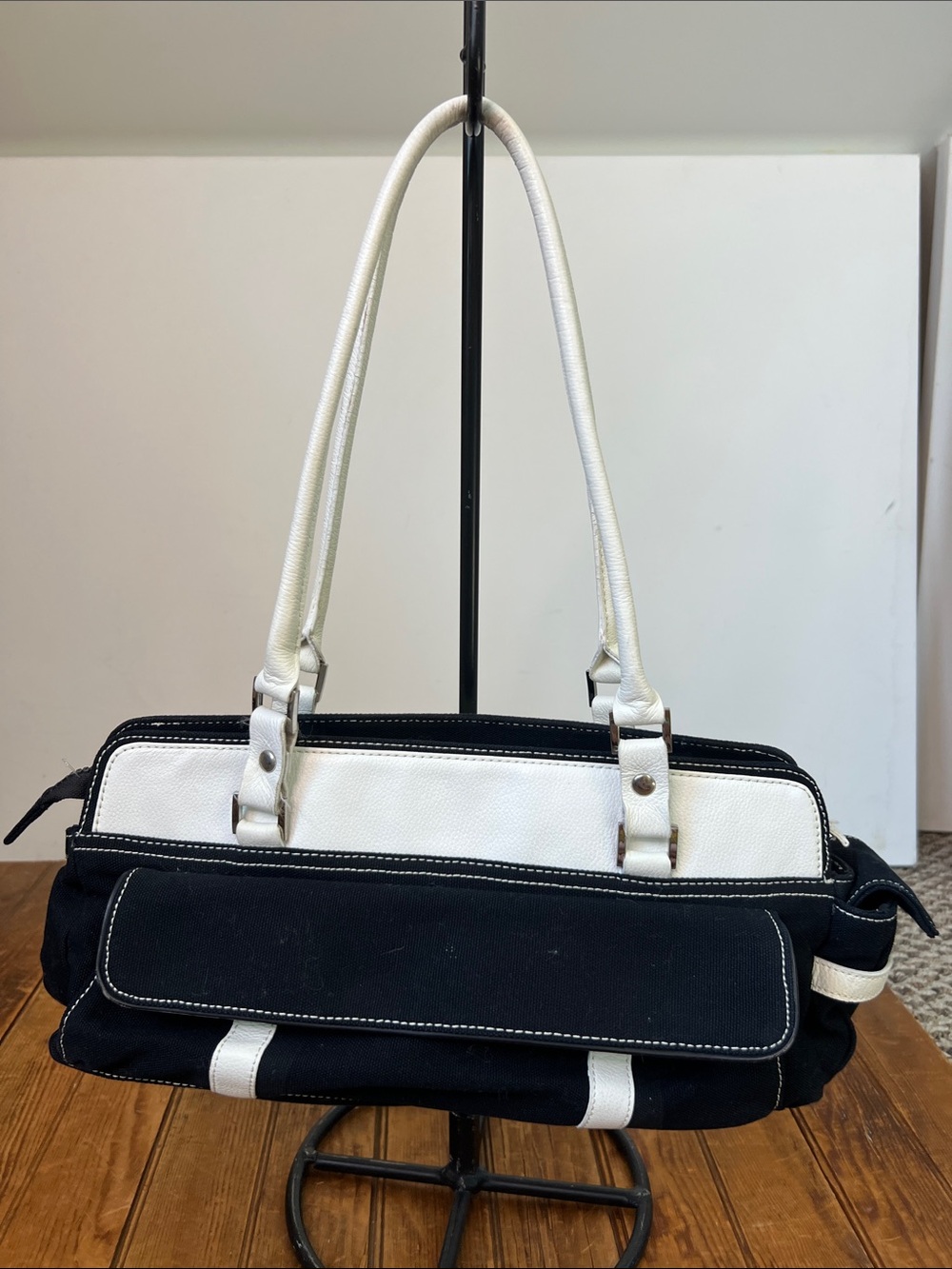 Vintage 90s Spiegel Shoulder Bag Baguette east west style canvas leather EUC